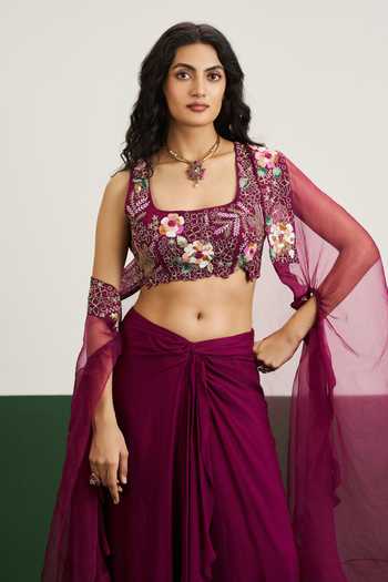 Issa Studio By Chetana & Swathi Wine , Organza, Chiffon, Tessa Embroidered Cape And Draped Skirt Set Online at Aza Fashions Issa Studio By Chetana & Swathi_Wine , Organza, Chiffon, Tessa Embroidered Cape And Draped Skirt Set _Online_at_Aza_Fashions