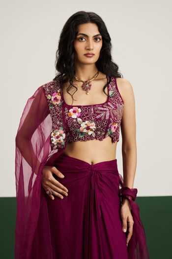 Shop Issa Studio By Chetana & Swathi Wine , Organza, Chiffon, Tessa Embroidered Cape And Draped Skirt Set Online at Aza Fashions Shop_Issa Studio By Chetana & Swathi_Wine , Organza, Chiffon, Tessa Embroidered Cape And Draped Skirt Set _Online_at_Aza_Fashions