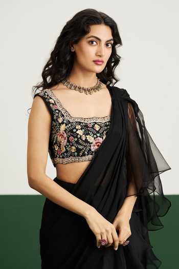 Issa Studio By Chetana & Swathi_Black Net, Chiffon Square Yuna Pre-draped Ruffle Saree With Embroidered Blouse _Online_at_Aza_Fashions
