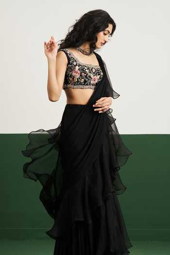 Buy_Issa Studio By Chetana & Swathi_Black Net, Chiffon Square Yuna Pre-draped Ruffle Saree With Embroidered Blouse _Online_at_Aza_Fashions