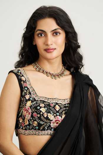 Shop_Issa Studio By Chetana & Swathi_Black Net, Chiffon Square Yuna Pre-draped Ruffle Saree With Embroidered Blouse _Online_at_Aza_Fashions