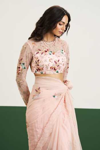 Issa Studio By Chetana & Swathi_Peach Net Round Neck Nomi Saree With Floral Embroidered Blouse _Online_at_Aza_Fashions