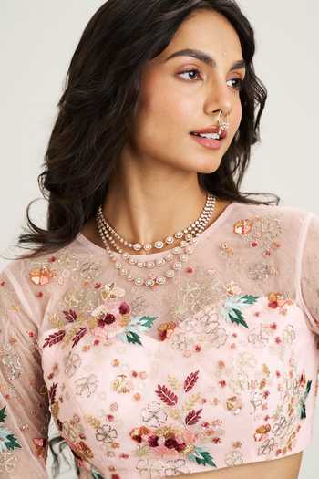 Buy_Issa Studio By Chetana & Swathi_Peach Net Round Neck Nomi Saree With Floral Embroidered Blouse _Online_at_Aza_Fashions