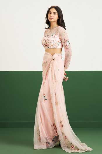 Shop_Issa Studio By Chetana & Swathi_Peach Net Round Neck Nomi Saree With Floral Embroidered Blouse _Online_at_Aza_Fashions