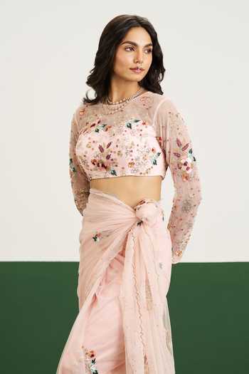 Issa Studio By Chetana & Swathi_Peach Net Round Neck Nomi Saree With Floral Embroidered Blouse _at_Aza_Fashions