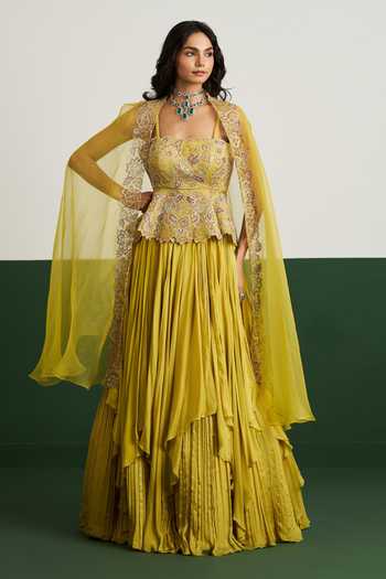 Issa Studio By Chetana & Swathi Zoya Embroidered Cape With Layered Skirt Set 