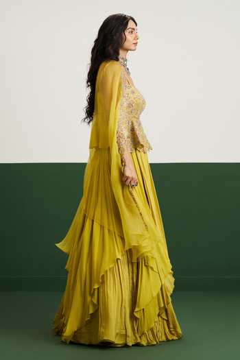 Issa Studio By Chetana & Swathi Yellow Organza, Chiffon Square Neck Zoya Embroidered Cape With Layered Skirt Set Online at Aza Fashions Issa Studio By Chetana & Swathi_Yellow Organza, Chiffon Square Neck Zoya Embroidered Cape With Layered Skirt Set _Online_at_Aza_Fashions