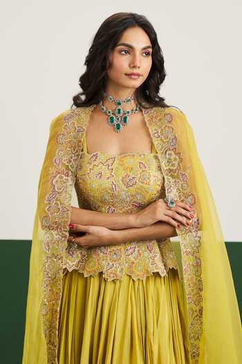 Buy Issa Studio By Chetana & Swathi Yellow Organza, Chiffon Square Neck Zoya Embroidered Cape With Layered Skirt Set Online at Aza Fashions Buy_Issa Studio By Chetana & Swathi_Yellow Organza, Chiffon Square Neck Zoya Embroidered Cape With Layered Skirt Set _Online_at_Aza_Fashions