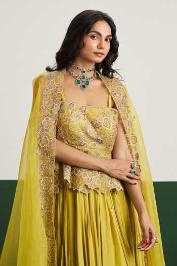 Shop Issa Studio By Chetana & Swathi Yellow Organza, Chiffon Square Neck Zoya Embroidered Cape With Layered Skirt Set Online at Aza Fashions Shop_Issa Studio By Chetana & Swathi_Yellow Organza, Chiffon Square Neck Zoya Embroidered Cape With Layered Skirt Set _Online_at_Aza_Fashions