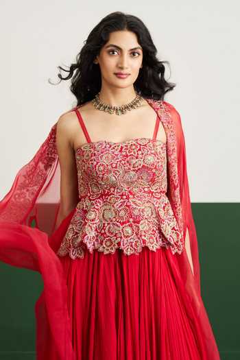 Issa Studio By Chetana & Swathi_Red Organza, Chiffon Square , Open Zoya Embroidered Cape With Skirt Set _Online_at_Aza_Fashions