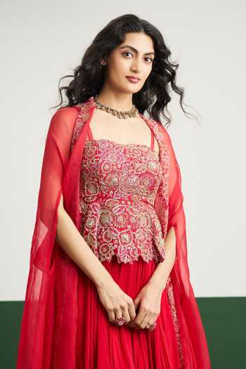 Buy_Issa Studio By Chetana & Swathi_Red Organza, Chiffon Square , Open Zoya Embroidered Cape With Skirt Set _Online_at_Aza_Fashions