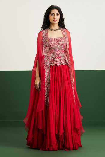 Shop_Issa Studio By Chetana & Swathi_Red Organza, Chiffon Square , Open Zoya Embroidered Cape With Skirt Set _Online_at_Aza_Fashions