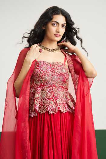 Issa Studio By Chetana & Swathi_Red Organza, Chiffon Square , Open Zoya Embroidered Cape With Skirt Set _at_Aza_Fashions