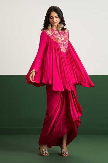 Issa Studio By Chetana & Swathi Pink Satin, Chiffon Round Neck Bibi Flared Embroidered Top With Draped Skirt Online at Aza Fashions Issa Studio By Chetana & Swathi_Pink Satin, Chiffon Round Neck Bibi Flared Embroidered Top With Draped Skirt _Online_at_Aza_Fashions