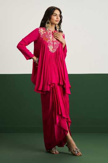 Buy Issa Studio By Chetana & Swathi Pink Satin, Chiffon Round Neck Bibi Flared Embroidered Top With Draped Skirt Online at Aza Fashions Buy_Issa Studio By Chetana & Swathi_Pink Satin, Chiffon Round Neck Bibi Flared Embroidered Top With Draped Skirt _Online_at_Aza_Fashions