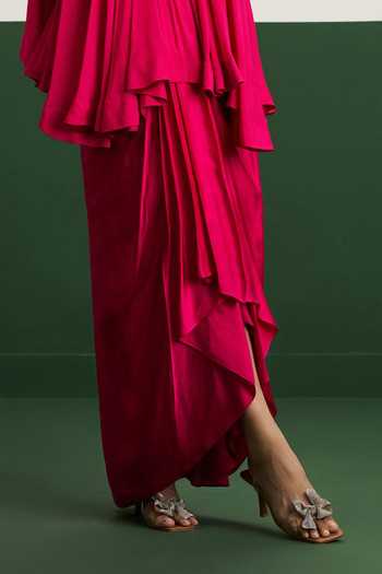 Shop Issa Studio By Chetana & Swathi Pink Satin, Chiffon Round Neck Bibi Flared Embroidered Top With Draped Skirt Online at Aza Fashions Shop_Issa Studio By Chetana & Swathi_Pink Satin, Chiffon Round Neck Bibi Flared Embroidered Top With Draped Skirt _Online_at_Aza_Fashions