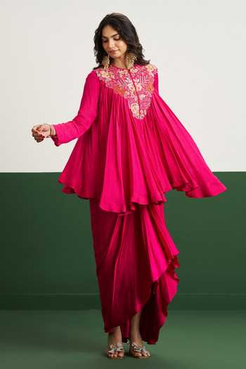 Issa Studio By Chetana & Swathi Bibi Flared Embroidered Top With Draped Skirt 