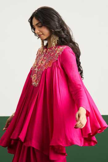 Issa Studio By Chetana & Swathi Pink Satin, Chiffon Round Neck Bibi Flared Embroidered Top With Draped Skirt at Aza Fashions Issa Studio By Chetana & Swathi_Pink Satin, Chiffon Round Neck Bibi Flared Embroidered Top With Draped Skirt _at_Aza_Fashions