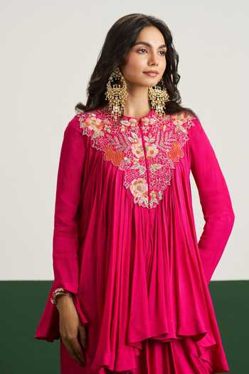 Buy Issa Studio By Chetana & Swathi Pink Satin, Chiffon Round Neck Bibi Flared Embroidered Top With Draped Skirt Buy_Issa Studio By Chetana & Swathi_Pink Satin, Chiffon Round Neck Bibi Flared Embroidered Top With Draped Skirt