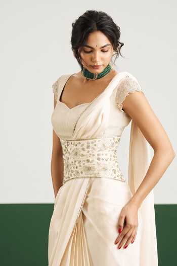 Issa Studio By Chetana & Swathi_Ivory Silk, Satin Embroidery, Beads Sweetheart Leslie Saree Set With Corset _Online_at_Aza_Fashions