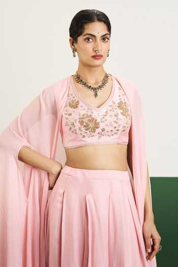 Issa Studio By Chetana & Swathi_Pink Chiffon, Silk V-neck Kaylee Long Cape Lehenga Set _Online_at_Aza_Fashions