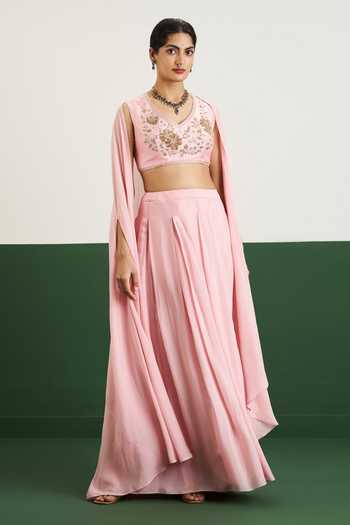 Issa Studio By Chetana & Swathi Kaylee Long Chiffon Silk Cape Lehenga Set 