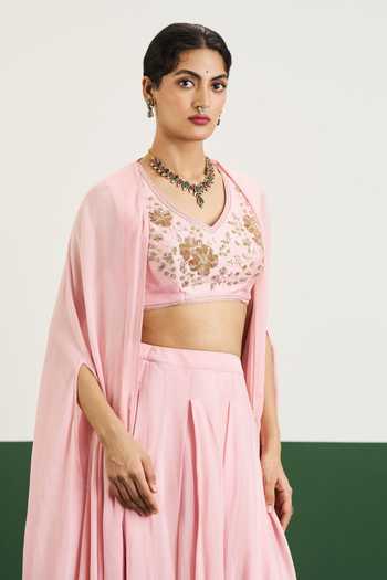 Issa Studio By Chetana & Swathi Kaylee Long Chiffon Silk Cape Lehenga Set 