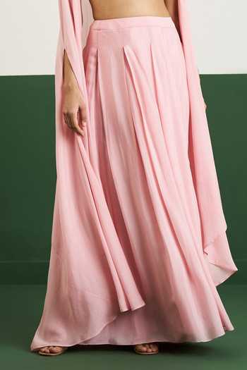 Buy_Issa Studio By Chetana & Swathi_Pink Chiffon, Silk V-neck Kaylee Long Cape Lehenga Set _Online_at_Aza_Fashions