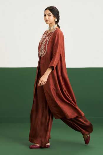Issa Studio By Chetana & Swathi Brown Silk Satin Round Neck, Yes Jenna Embroidered Slit Kurta With Palazzo Set Online at Aza Fashions Issa Studio By Chetana & Swathi_Brown Silk Satin Round Neck, Yes Jenna Embroidered Slit Kurta With Palazzo Set _Online_at_Aza_Fashions