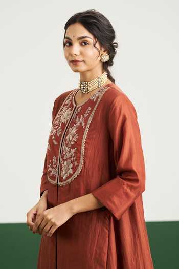 Buy Issa Studio By Chetana & Swathi Brown Silk Satin Round Neck, Yes Jenna Embroidered Slit Kurta With Palazzo Set Online at Aza Fashions Buy_Issa Studio By Chetana & Swathi_Brown Silk Satin Round Neck, Yes Jenna Embroidered Slit Kurta With Palazzo Set _Online_at_Aza_Fashions