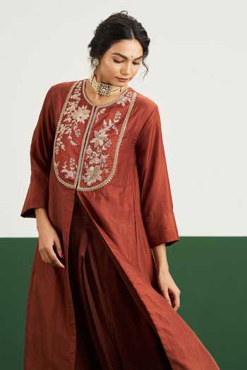 Shop Issa Studio By Chetana & Swathi Brown Silk Satin Round Neck, Yes Jenna Embroidered Slit Kurta With Palazzo Set Online at Aza Fashions Shop_Issa Studio By Chetana & Swathi_Brown Silk Satin Round Neck, Yes Jenna Embroidered Slit Kurta With Palazzo Set _Online_at_Aza_Fashions