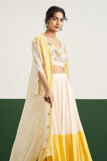 Issa Studio By Chetana & Swathi_Yellow Silk, Organza, Chiffon V-neck Freya Embroidered Cape And Lehenga Set _Online_at_Aza_Fashions