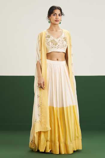 Buy_Issa Studio By Chetana & Swathi_Yellow Silk, Organza, Chiffon V-neck Freya Embroidered Cape And Lehenga Set _Online_at_Aza_Fashions