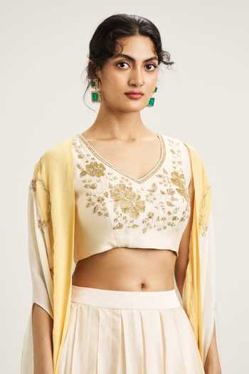 Shop_Issa Studio By Chetana & Swathi_Yellow Silk, Organza, Chiffon V-neck Freya Embroidered Cape And Lehenga Set _Online_at_Aza_Fashions