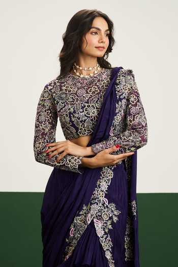 Issa Studio By Chetana & Swathi Purple Net, Chiffon High Neck Taylor Pre-draped Saree With Embroidered Blouse Online at Aza Fashions Issa Studio By Chetana & Swathi_Purple Net, Chiffon High Neck Taylor Pre-draped Saree With Embroidered Blouse _Online_at_Aza_Fashions