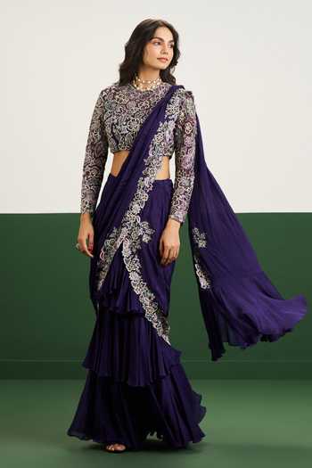 Buy Issa Studio By Chetana & Swathi Purple Net, Chiffon High Neck Taylor Pre-draped Saree With Embroidered Blouse Online at Aza Fashions Buy_Issa Studio By Chetana & Swathi_Purple Net, Chiffon High Neck Taylor Pre-draped Saree With Embroidered Blouse _Online_at_Aza_Fashions