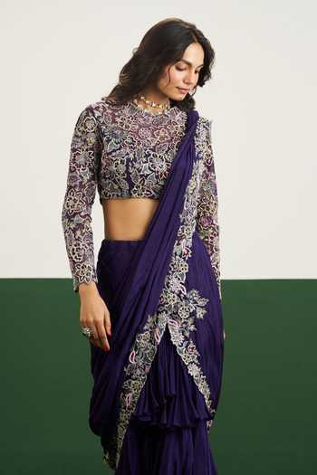 Shop Issa Studio By Chetana & Swathi Purple Net, Chiffon High Neck Taylor Pre-draped Saree With Embroidered Blouse Online at Aza Fashions Shop_Issa Studio By Chetana & Swathi_Purple Net, Chiffon High Neck Taylor Pre-draped Saree With Embroidered Blouse _Online_at_Aza_Fashions