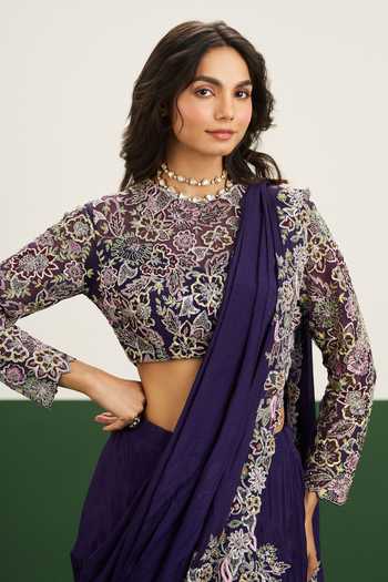 Issa Studio By Chetana & Swathi Purple Net, Chiffon High Neck Taylor Pre-draped Saree With Embroidered Blouse at Aza Fashions Issa Studio By Chetana & Swathi_Purple Net, Chiffon High Neck Taylor Pre-draped Saree With Embroidered Blouse _at_Aza_Fashions