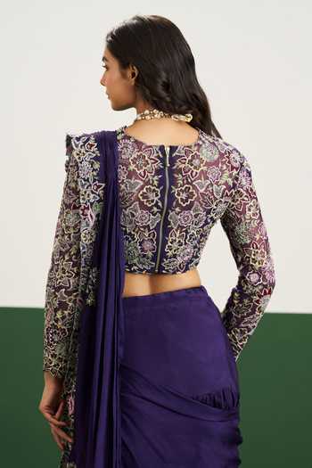 Buy Issa Studio By Chetana & Swathi Purple Net, Chiffon High Neck Taylor Pre-draped Saree With Embroidered Blouse Buy_Issa Studio By Chetana & Swathi_Purple Net, Chiffon High Neck Taylor Pre-draped Saree With Embroidered Blouse