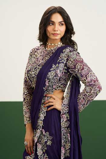 Shop Issa Studio By Chetana & Swathi Purple Net, Chiffon High Neck Taylor Pre-draped Saree With Embroidered Blouse Shop_Issa Studio By Chetana & Swathi_Purple Net, Chiffon High Neck Taylor Pre-draped Saree With Embroidered Blouse