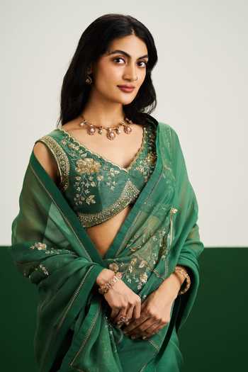 Issa Studio By Chetana & Swathi Green Silk, Organza V-neck Megan Floral Embroidered Saree With Blouse Online at Aza Fashions Issa Studio By Chetana & Swathi_Green Silk, Organza V-neck Megan Floral Embroidered Saree With Blouse _Online_at_Aza_Fashions