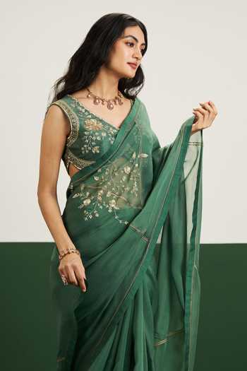 Buy Issa Studio By Chetana & Swathi Green Silk, Organza V-neck Megan Floral Embroidered Saree With Blouse Online at Aza Fashions Buy_Issa Studio By Chetana & Swathi_Green Silk, Organza V-neck Megan Floral Embroidered Saree With Blouse _Online_at_Aza_Fashions