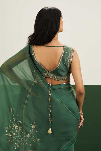 Shop Issa Studio By Chetana & Swathi Green Silk, Organza V-neck Megan Floral Embroidered Saree With Blouse Online at Aza Fashions Shop_Issa Studio By Chetana & Swathi_Green Silk, Organza V-neck Megan Floral Embroidered Saree With Blouse _Online_at_Aza_Fashions