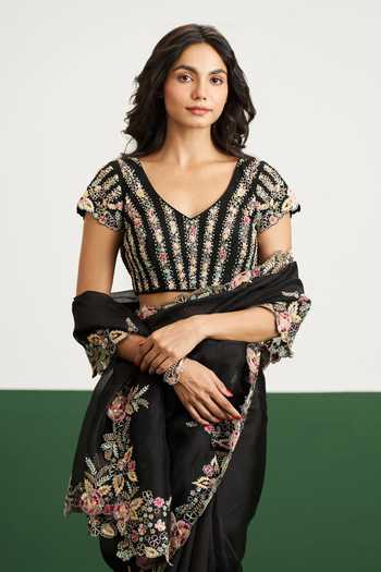 Issa Studio By Chetana & Swathi Black Organza, Net V-neck Kayla Floral Embroidered Saree With Blouse Online at Aza Fashions Issa Studio By Chetana & Swathi_Black Organza, Net V-neck Kayla Floral Embroidered Saree With Blouse _Online_at_Aza_Fashions