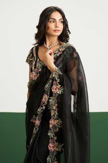 Buy Issa Studio By Chetana & Swathi Black Organza, Net V-neck Kayla Floral Embroidered Saree With Blouse Online at Aza Fashions Buy_Issa Studio By Chetana & Swathi_Black Organza, Net V-neck Kayla Floral Embroidered Saree With Blouse _Online_at_Aza_Fashions