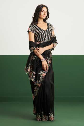 Shop Issa Studio By Chetana & Swathi Black Organza, Net V-neck Kayla Floral Embroidered Saree With Blouse Online at Aza Fashions Shop_Issa Studio By Chetana & Swathi_Black Organza, Net V-neck Kayla Floral Embroidered Saree With Blouse _Online_at_Aza_Fashions