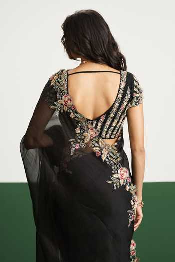 Issa Studio By Chetana & Swathi Black Organza, Net V-neck Kayla Floral Embroidered Saree With Blouse at Aza Fashions Issa Studio By Chetana & Swathi_Black Organza, Net V-neck Kayla Floral Embroidered Saree With Blouse _at_Aza_Fashions