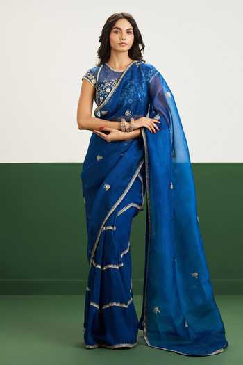 Issa Studio By Chetana & Swathi Blue Organza, Net Round Neck Hannah Floral Embroidered Saree With Blouse Online at Aza Fashions Issa Studio By Chetana & Swathi_Blue Organza, Net Round Neck Hannah Floral Embroidered Saree With Blouse _Online_at_Aza_Fashions