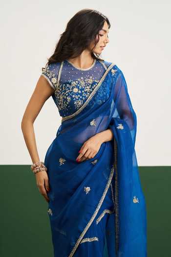 Buy Issa Studio By Chetana & Swathi Blue Organza, Net Round Neck Hannah Floral Embroidered Saree With Blouse Online at Aza Fashions Buy_Issa Studio By Chetana & Swathi_Blue Organza, Net Round Neck Hannah Floral Embroidered Saree With Blouse _Online_at_Aza_Fashions