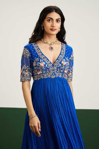 Buy Issa Studio By Chetana & Swathi Cobalt Net, Chiffon Plunge Neck Emily Pleated Dress Online at Aza Fashions Buy_Issa Studio By Chetana & Swathi_Cobalt Net, Chiffon Plunge Neck Emily Pleated Dress _Online_at_Aza_Fashions